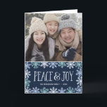 Cartes Pour Fêtes Annuelles Paix et Joie | Photo en lettrage manuel Flocons de<br><div class="desc">Cette carte de vacances moderne à une seule photo présente la phrase "Paix et Joie" écrite en lettrage manuel mignon et entourée d'une bordure de jolis flocons de neige dans des nuances de bleu sur un fond bleu marine.</div>