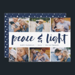 Cartes Pour Fêtes Annuelles Paix et lumière | Hanoukka Photo Collage<br><div class="desc">Partagez six photos préférées avec notre carte de vacances Hanoukka lumineuse et festive. "Paix et Lumière" apparaît dans le centre en typographie de brosse à lettres,  avec votre salutation de vacances,  les noms,  et l'année en dessous.</div>