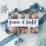 Cartes Pour Fêtes Annuelles Paix et lumière | Hanoukka Photo Collage<br><div class="desc">Partagez six photos préférées avec notre carte de vacances Hanoukka lumineuse et festive. "Paix et Lumière" apparaît dans le centre en typographie de brosse à lettres,  avec votre salutation de vacances,  les noms,  et l'année en dessous.</div>