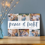 Cartes Pour Fêtes Annuelles Paix et lumière | Hanoukka Photo Collage<br><div class="desc">Partagez six photos préférées avec notre carte de vacances Hanoukka lumineuse et festive. "Paix et Lumière" apparaît dans le centre en typographie de brosse à lettres,  avec votre salutation de vacances,  les noms,  et l'année en dessous.</div>