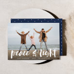 Cartes Pour Fêtes Annuelles Paix et lumière | Hanoukka photo complète<br><div class="desc">Les cartes photos d'Hanoukka modernes présentent votre image préférée avec "Paix et lumière" recouverte de typographie de brosse en lettres blanches,  avec vos noms et l'année en dessous.</div>