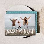Cartes Pour Fêtes Annuelles Paix et lumière | Hanoukka photo complète<br><div class="desc">Les cartes photos d'Hanoukka modernes présentent votre image préférée avec "Paix et lumière" recouverte de typographie de brosse en lettres blanches,  avec vos noms et l'année en dessous.</div>