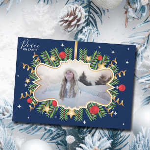 Cartes Pour Fêtes Annuelles Paix sur Terre Beau bleu Photo Wreath Moderne