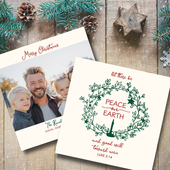 Cartes Pour Fêtes Annuelles Paix sur Terre Écriture Dessinée à la Main Couronn (Keepsake Christian Christmas card to spread peace & joy)