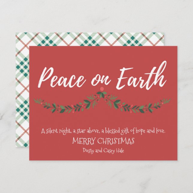 Cartes Pour Fêtes Annuelles Paix sur Terre Holly Red Plaid Religieux (Devant / Derrière)