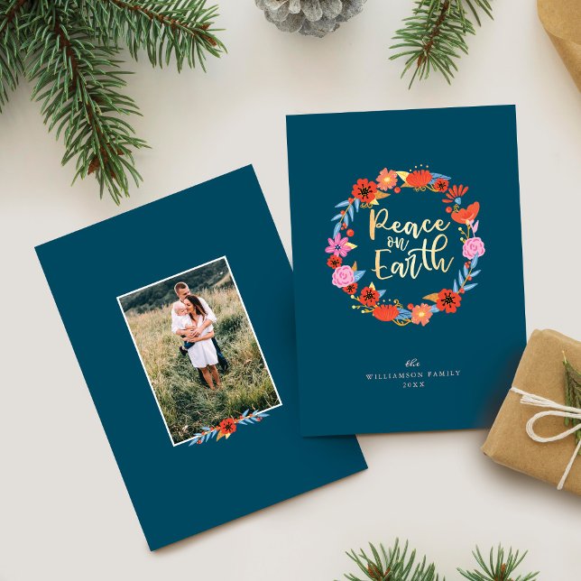 Cartes Pour Fêtes Annuelles Paix sur Terre Jolie couronne d'art populaire flor (Peace on Earth Pretty Floral Folk Art Wreath Holiday Card)