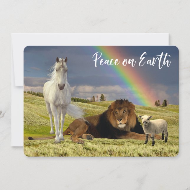 Cartes Pour Fêtes Annuelles Paix sur Terre Lion Agneau Licorne Arc-en-ciel (Devant)