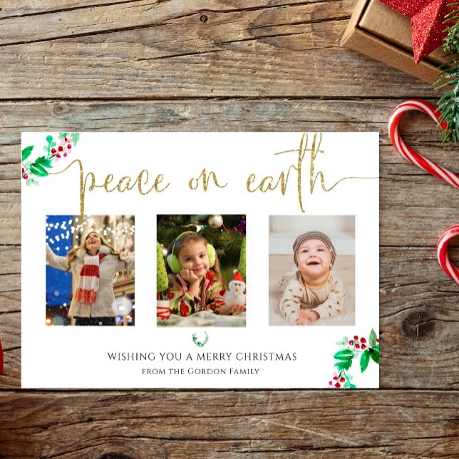 Cartes Pour Fêtes Annuelles Paix sur Terre Noël 3 Photo Aquarelle Wreath (Créateur téléchargé)