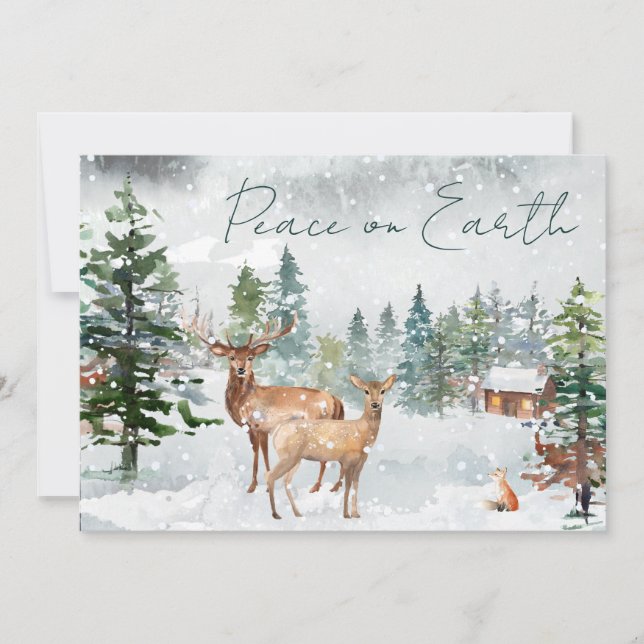 Cartes Pour Fêtes Annuelles Paix sur Terre Photo Forêt enneigée Cerf Écriture (Devant)