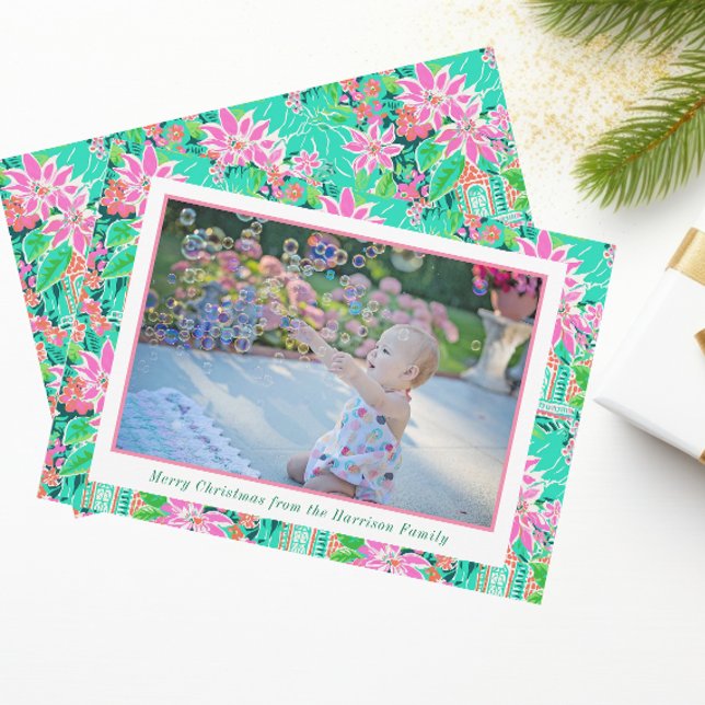 Cartes Pour Fêtes Annuelles Palm Beach Noël Pink Green Gingbread Photo (Créateur téléchargé)