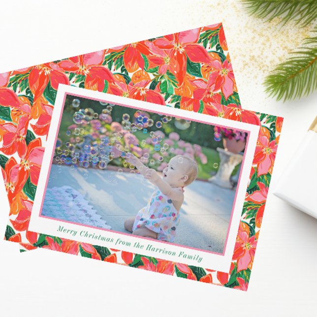 Cartes Pour Fêtes Annuelles Palm Beach Noël rose orange Poinsettias Photo (Créateur téléchargé)