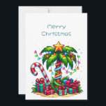 Cartes Pour Fêtes Annuelles Palmier de Noël tropical<br><div class="desc">Une carte de Noël à plat avec une image de vacances saisonnière. Un palmier tropical orné de lumières festives surmonté d'une étoile. Un sucre de canne géant rouge et blanc qui sort du sable. Cadeaux de Noël sous l'arbre. Whimsical et amusant.</div>