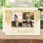 Cartes Pour Fêtes Annuelles Palmiers côtiers Photo Collage Noël<br><div class="desc">Trois photos accentuées avec des frondes de palmier en faux parties scintillant sur un arrière - plan crème (voir plus de couleurs dans notre magasin), ces cartes photos de Noël de vacances ont vos noms sur le fond en lettres chic. Sélectionnez Matte pour le papier le plus lourd et High...</div>