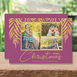 Cartes Pour Fêtes Annuelles Palmiers côtiers Photo Collage Noël<br><div class="desc">Trois photos accentuées avec des frondes de palmier en faux or parties scintillant sur un arrière - plan rose framboise (voir plus de couleurs dans notre magasin), ces cartes photos de Noël de vacances ont "It's A Wonderful Life", ou toute salutation que vous choisissez, et vos noms sur le fond...</div>