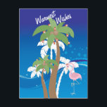 Cartes Pour Fêtes Annuelles Palmiers, Père Noël Flamant rose Beach Noël<br><div class="desc">Cette carte de voeux de vacances Warmest présente des palmiers décorés de lumières de Noël et un flamant portant un chapeau de Père Noël dressé contre un arrière - plan de plage abstrait bleu et blanc cool. Salutation ~ Voeux les plus chauds pour le plus froid de Yules</div>