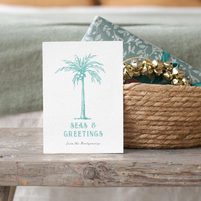 Cartes Pour Fêtes Annuelles Palmiers tropicaux Mer et voeux Noël (Tropical Palm Tree Seas and Greetings Christmas Holiday Card)