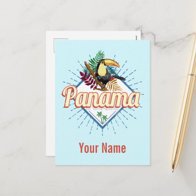 Cartes Pour Fêtes Annuelles Panama City Toucan Rétro Palm Trees Vintage (Devant/Arrière en situation)