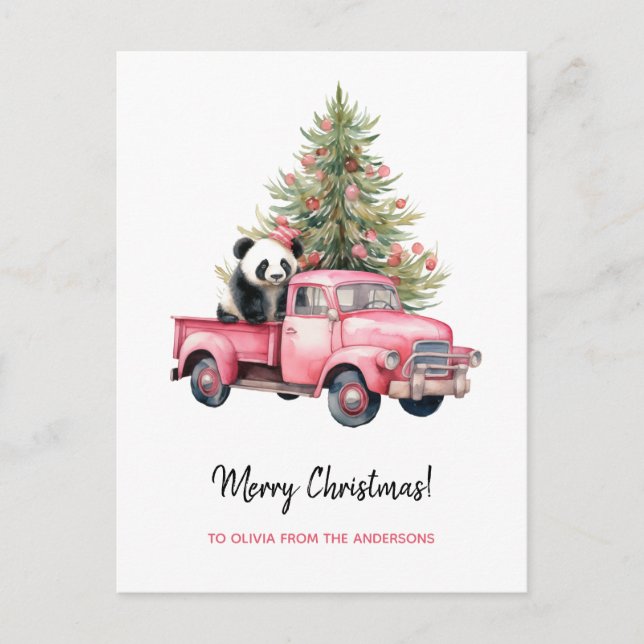 Cartes Pour Fêtes Annuelles Panda dans Retro Pink Truck arbre de Noël (Devant)