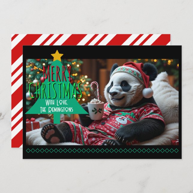 Cartes Pour Fêtes Annuelles Panda de Noël en pyjama Personnalisé (Devant / Derrière)