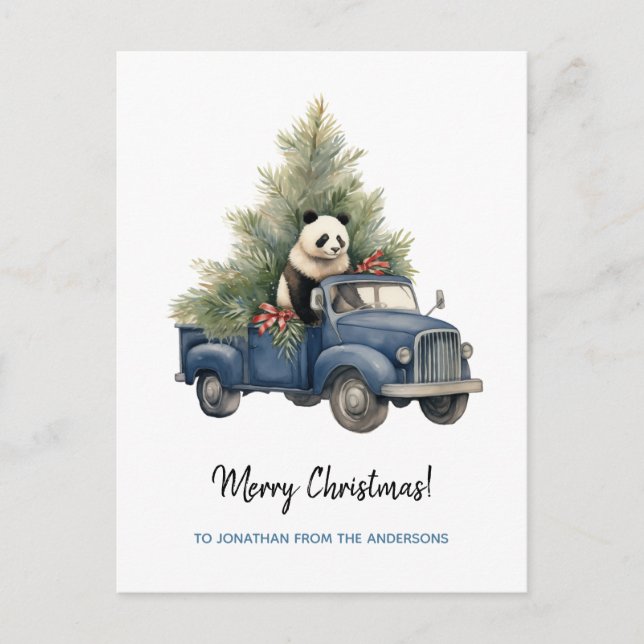 Cartes Pour Fêtes Annuelles Panda drôle dans Blue Retro Truck Xmas (Devant)