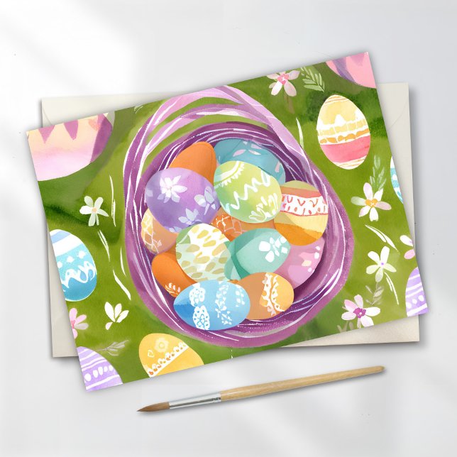 Cartes Pour Fêtes Annuelles Panier à oeufs de Pâques | Aquarelle Spring Pastel (Créateur téléchargé)