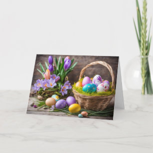 Cartes Pour Fêtes Annuelles Panier avec Oeufs Peints de Pâques, Fleurs de Croc