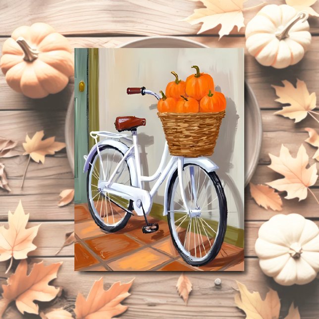 Cartes Pour Fêtes Annuelles Panier citrouille Bicyclette Automne Aquarelle (Créateur téléchargé)