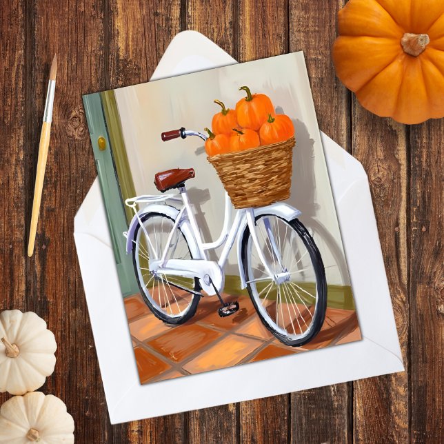 Cartes Pour Fêtes Annuelles Panier de citrouille bicyclette automne aquarelle (Créateur téléchargé)