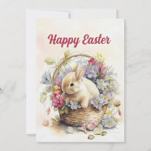 Cartes Pour Fêtes Annuelles Panier de fleurs de lapin blanc vintage Joyeuses P