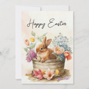 Cartes Pour Fêtes Annuelles Panier de fleurs de lapin vintage Joyeuses Pâques