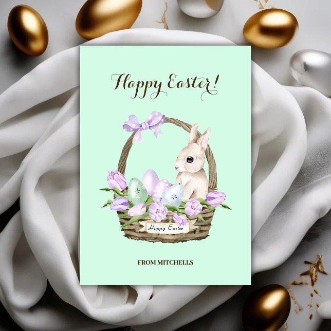 Cartes Pour Fêtes Annuelles Panier de lapin de Pâques vert clair (Happy Easter Rabbit Basket Holiday Card)