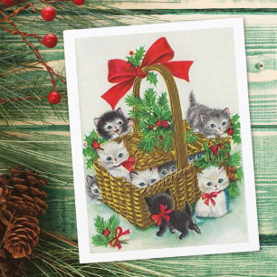 Cartes Pour Fêtes Annuelles Panier de Noël vintage rempli de chatons