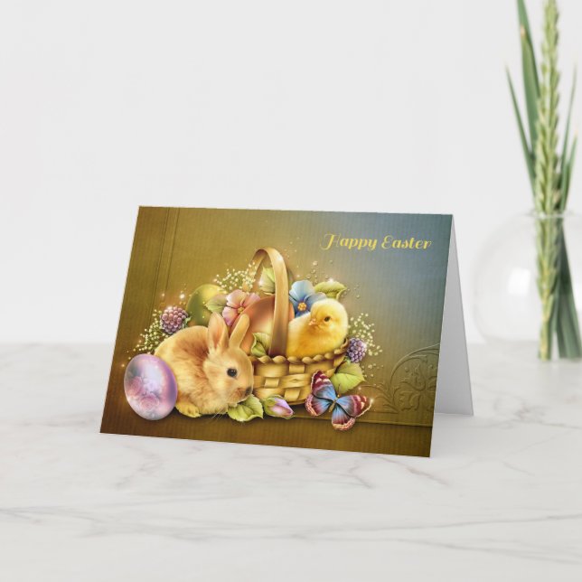 Cartes Pour Fêtes Annuelles Panier de Pâques avec lapin et poulet (Devant)