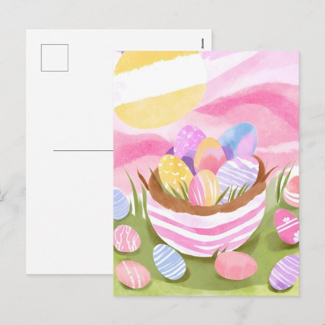 Cartes Pour Fêtes Annuelles Panier d'oeufs de Pâques rose | Aquarelle Pastel (Devant / Derrière)