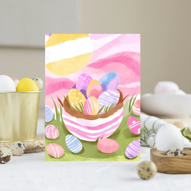 Cartes Pour Fêtes Annuelles Panier d'oeufs de Pâques rose | Aquarelle Pastel (Créateur téléchargé)