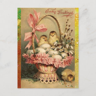 CARTES POUR FÊTES ANNUELLES PANIER ÉLÉGANT, POULET, FLEURS ET OEUFS DE PÂQUES