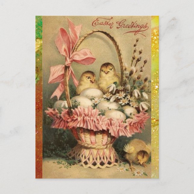 CARTES POUR FÊTES ANNUELLES PANIER ÉLÉGANT, POULET, FLEURS ET OEUFS DE PÂQUES (Devant)