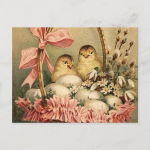 CARTES POUR FÊTES ANNUELLES PANIER ÉLÉGANT, POULET, FLEURS ET OEUFS DE PÂQUES
