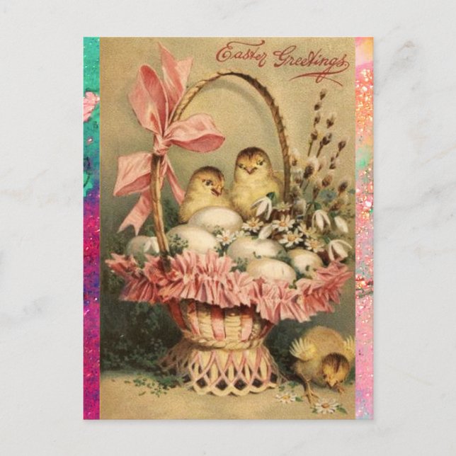 CARTES POUR FÊTES ANNUELLES PANIER ÉLÉGANT, POULET, FLEURS ET OEUFS DE PÂQUES (Devant)
