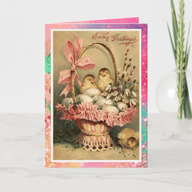 CARTES POUR FÊTES ANNUELLES PANIER ÉLÉGANT, POULET, FLEURS ET OEUFS DE PÂQUES (Devant)