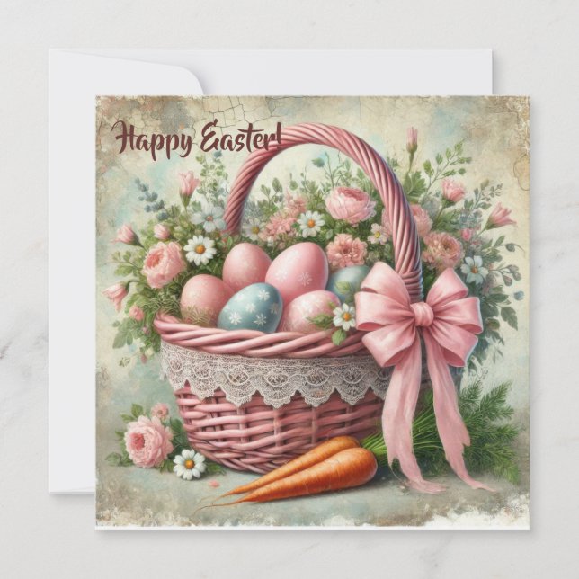 Cartes Pour Fêtes Annuelles Panier en dentelle rustique rétro avec œufs pastel (Devant)