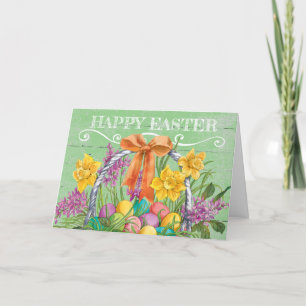 Cartes Pour Fêtes Annuelles Panier floral rustique de Pâques avec oeufs