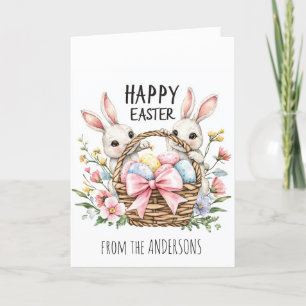 Cartes Pour Fêtes Annuelles Panier plein d'œufs et deux lapins