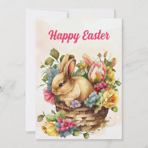 Cartes Pour Fêtes Annuelles Panier vintage Lapin Rose Fleurs Pâques Joyeux