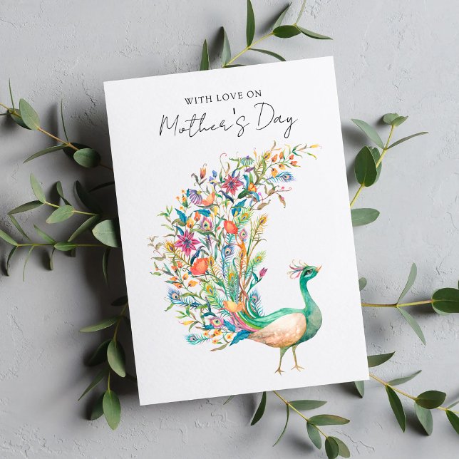 Cartes Pour Fêtes Annuelles Paon à l'aquarelle avec amour pour la fête des mèr (Créateur téléchargé)