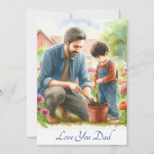 Cartes Pour Fêtes Annuelles Papa et fils mignons jardinant ensemble aquarelle
