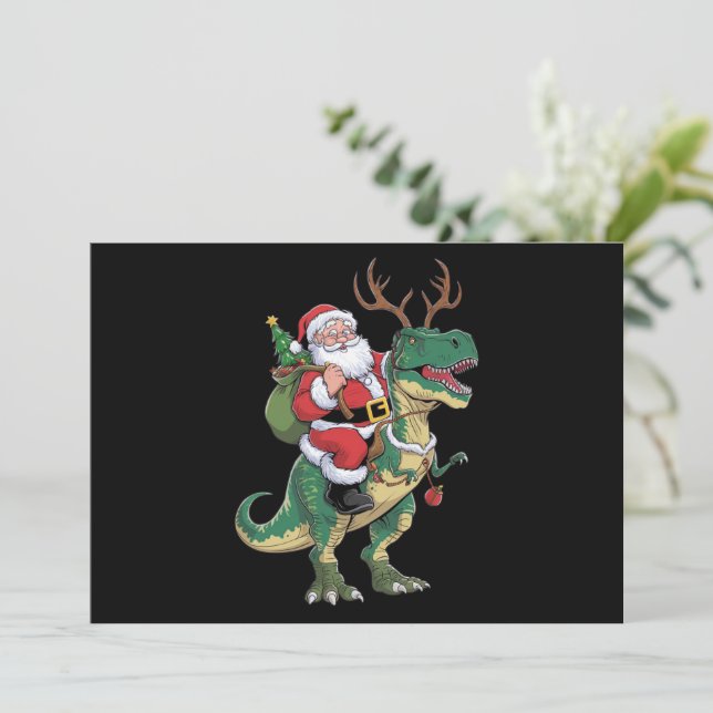 Cartes Pour Fêtes Annuelles Papa Noël montant un dinosaure T-Rex Noël Xmas Équ (Debout devant)