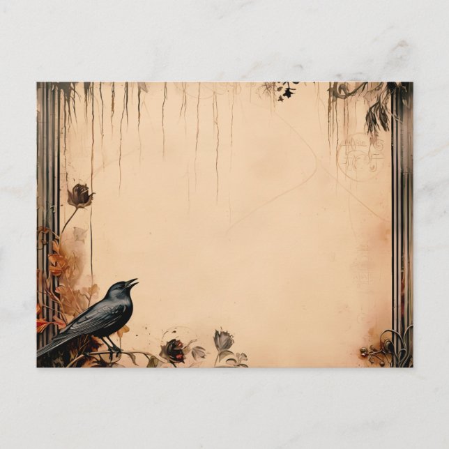 Cartes Pour Fêtes Annuelles Papier antique Oiseau noir et fleurs Halloween (Devant)