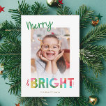 Cartes Pour Fêtes Annuelles Papier de tissus doux et joyeux Photo de Noël<br><div class="desc">Cette carte de vacances de Noël ludique et brillante présente un texte coloré, lisant "Joyeux & Lumineux" en vert, citron vert, rouge cerise, rose, jaune doré, et aqua. La typographie du mot "Bright" incorpore une conception de papier tissulaire qui se recoupe et qui est également incluse sur le dos (arbres...</div>