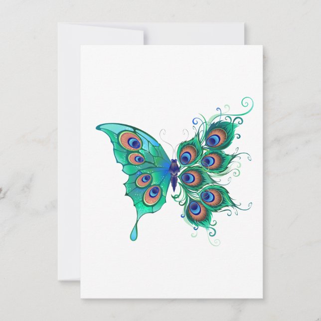 Cartes Pour Fêtes Annuelles Papillon aux plumes de paon vert (Devant)